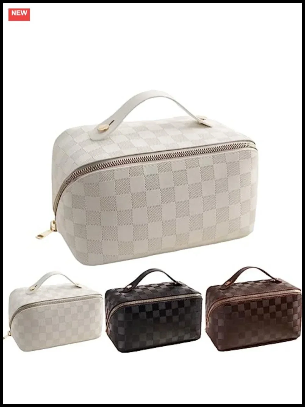 Checkered Makeup Bag - Waterproof PU Leather Large Capacity Travel Toiletry